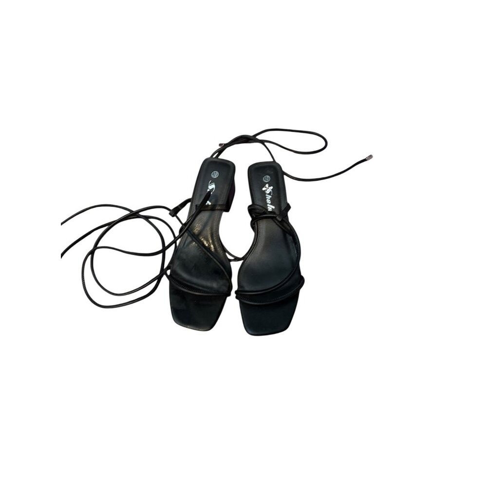Women’s Black Lace-Up Block Heel Sandals – Size 10 – Strappy Square Toe Heels –